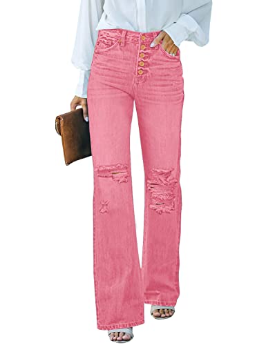 Roskiky Jeans Damen High Waist Schlaghose Damen Jeans mit Löchern Stretch Baggy Jeans Rosa Zuckerguss L von Roskiky