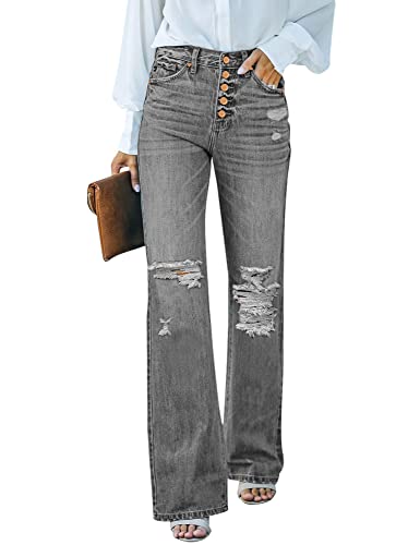 Roskiky Damen High Waist Schlaghose mit Löchern - Stretch Baggy Jeans Steingrau M von Roskiky