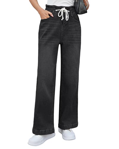 Roskiky Damen Jeans - Stretch Weites Bein Breite Baggy Y2K Loose Fit Hose Gerades Bein Schwarz L von Roskiky