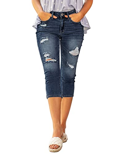 Roskiky Jeans Hose Damen Jeans mit Löchern Damen Jeans Damen High Waist Weites Bein Jeans Dunkelblau Damen Caprihose Damen Sommer XXL von Roskiky