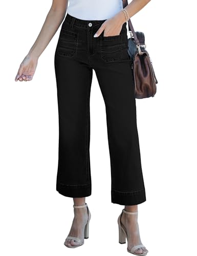 Roskiky Jeans Mit Weitem Bein Hosen Damen Stretch Hose Schwarz Wahres Schwarz S von Roskiky