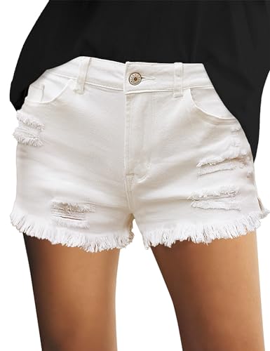 Roskiky Jeans Shorts Damen Kurze Hosen Damen Sommer Jenshosen Damen Damen Kurze Hose Sommer Damen Bermuda Shorts Jeans Damen High Waist Löcher Weiße Hose Damen Weiß L von Roskiky