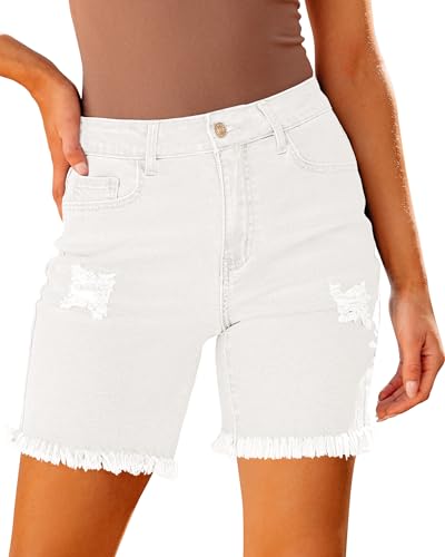Roskiky Damen Jeans-Shorts Weiß XXL für Frauen, Cremeweiß, Mittlere Taille, 7 Zoll, High Waisted, Distressed, Stretch Denim, Sommer, Nashville, Country, Western, Strand, Urlaub, Nacht, Ausgehen von Roskiky