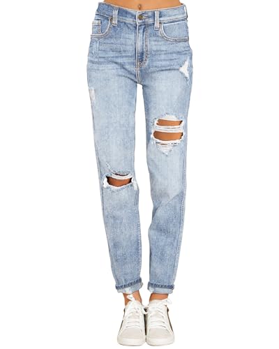 Roskiky Jeanshosen Damen Jogginghose Baumwolle Elegant Ripped Hose Herbst Grau Blau XXL von Roskiky