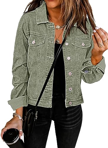 Roskiky Jeansjacken Damen Jean Stretchy Langarm Trucker Jacke mit Tasche Calliste Grün XL von Roskiky