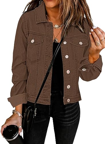 Roskiky Jeansjacken Damen Jean Stretchy Langarm Trucker Jacke mit Tasche Mustang braun L von Roskiky