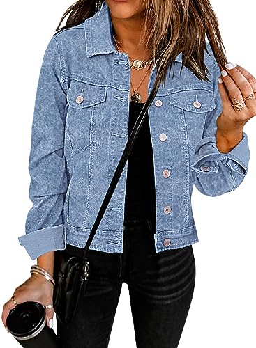 Roskiky Jeansjacken Damen Jean Stretchy Langarm Trucker Jacke mit Tasche Snow Wash Mittelblau L von Roskiky