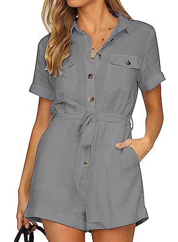 Roskiky Jumpsuit Damen Sommer Kurz Eleganter Mit Taschen - Overall Kuschelig Grau L von Roskiky