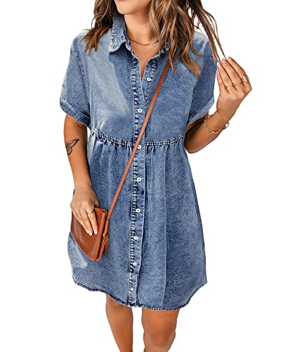 Roskiky Kleid Grosse Grössen Damen Jeans Kleid Für Damen Sommer Kleid Damen Sommer Tshirt Kleid Damen Strand Kleid Damen Sommer Bohemian Kleid Bay Blue XL von Roskiky