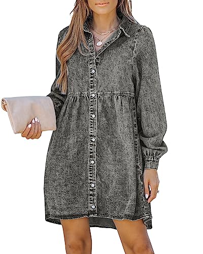 Roskiky Kleid Langarm Kleider Damen Herbst Winter Kleid Baumwolle Kleid Damen Frühling Kleid Gerader Schnitt Denim Dress Women Grey Foxy Gray S von Roskiky