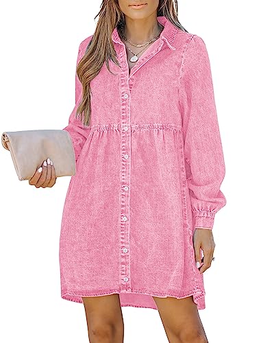 Roskiky Kleid Langarm Kleider Damen Herbst Winter Kleid Baumwolle Trendyol Kleid Kleid Große Größen Jeanskleid Rosa Damen Aurora Pink XL von Roskiky