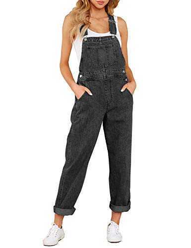 Roskiky Lässige Stretch Denim Latzhose für Damen, Jeans Overalls mit Taschen Iconic Black L von Roskiky