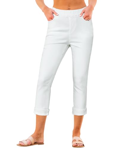 Roskiky Pull On Jeans Damen High Waisted Skinny Capri Pants Trendy Stretch Denim Cropped Jeans L Cremeweiß von Roskiky