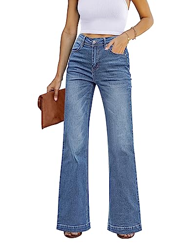 Roskiky Schlaghose Damen High Waist Wide Leg Baggy Jeans Stretch Hosen A-Buchtblau XXL von Roskiky