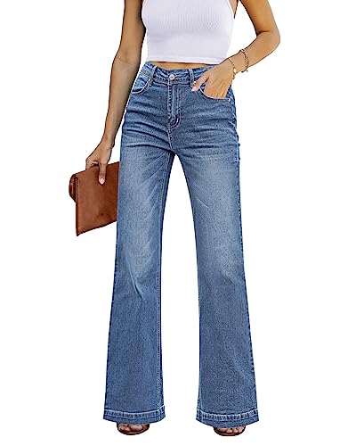 Roskiky Schlaghose Damen Jeans Wide Leg Baggy Jeans Damen High Waist Stretch Hosen Damen Jeans A-Buchtblau L von Roskiky