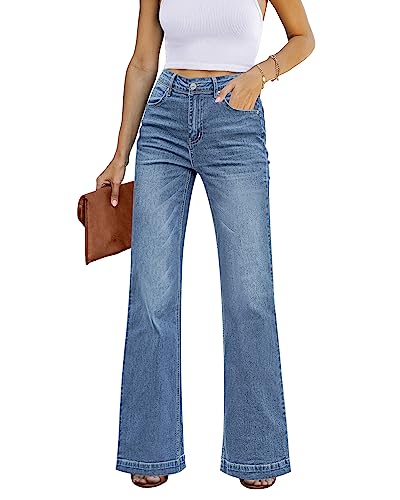 Roskiky Schlaghose Damen High Waist Wide Leg Baggy Jeans Stretch Hosen A-Cooles Klassisches Blau XXL von Roskiky