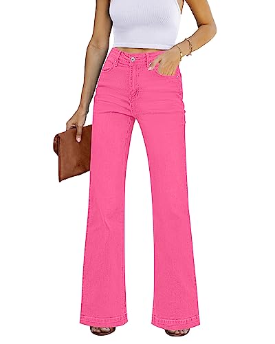 Roskiky Schlaghose Damen High Waist Wide Leg Baggy Jeans Stretch Hosen A-Magentarosa XL von Roskiky