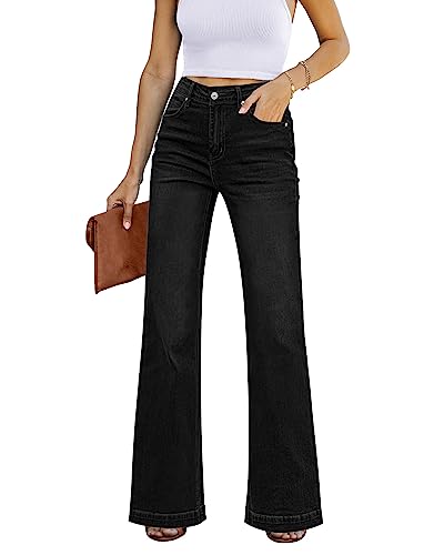 Roskiky Schlaghose Damen High Waist Wide Leg Baggy Jeans Stretch Hosen A-Schwarz Gewaschen XS von Roskiky