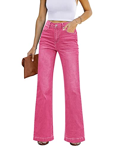 Roskiky Schlaghose Damen Jeans Wide Leg Baggy Jeans Damen High Waist Stretch Hosen Damen Jeans Heißes Rosa 2XL von Roskiky