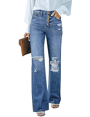 Roskiky Schlaghose Damen Jeans Wide Leg Baggy Jeans Damen High Waist Stretch Hosen Damen Jeans Lapis Loft L von Roskiky