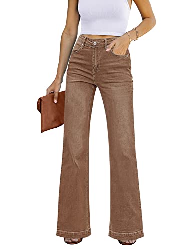 Roskiky Schlaghose Damen High Waist Wide Leg Baggy Jeans Stretch Hosen Pekannussbraun M von Roskiky
