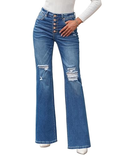 Roskiky Schlaghose Damen Jeans Winter Stretch High Waist Yk2 Hose Frauen Blau L von Roskiky