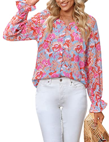 Roskiky Sommer Oberteile Damen Damen Tunika Sommer Damen Oberteile Sommer Sexy Longbluse Damen Damen Shirt Elegant Frühlingskleider Damen Bluse Pink Himmelblau x Heißes Rosa Geblümt XL von Roskiky