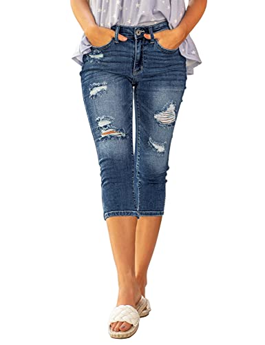 Roskiky Strechts Jeans Damen Jeans mit Löchern Mädchen Jeans Damen Slim Fit Jeans Dunkelblau Damen Caprihose Damen Sommer XXL von Roskiky