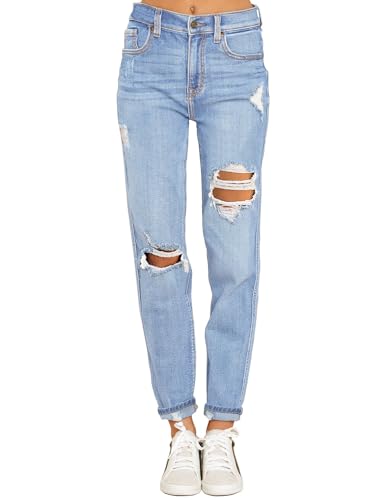 Roskiky Damen Jogginghose Baumwolle Straight Leg Jeans Elastische Mom Fit Blau M von Roskiky