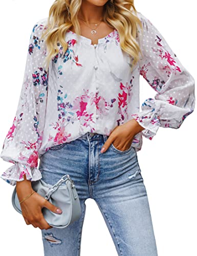 Roskiky Tunika Damen Langarm Ausgefallene Damen Tunika Boho Bluse Bluse Festlich Hochzeit Ausgefallene Tshirts Damen Damenblusen Langarm Bluse Weiß Weiß geblümt XL von Roskiky