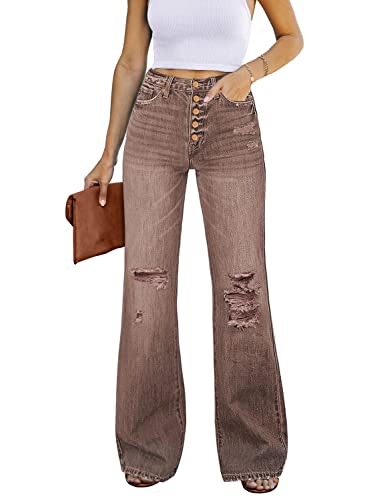 Roskiky Weite Jeans Damen Breite Jeans Damen High Waist Hose Damen Braune Jeanshose Damen Braun M von Roskiky