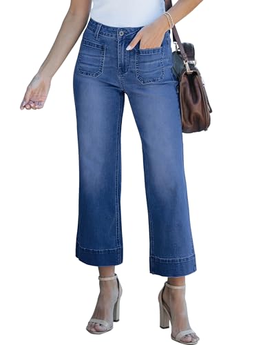 Roskiky Wide Leg Jeans Womens Trendy High Waisted Flare Jeans Cropped Denim Hose mit Patch Taschen L Dunkelblau von Roskiky