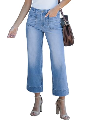 Roskiky Wide Leg Jeans Womens Trendy High Waisted Flare Jeans Cropped Denim Hose mit Patch Taschen L Mittelblau von Roskiky