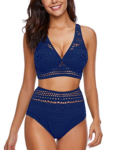 Roskiky Zweiteiliger Hoch Taillierter Damen Häkel Bikini mit V-Ausschnitt Bikini Set, Small(EU 32-34), Blau von Roskiky