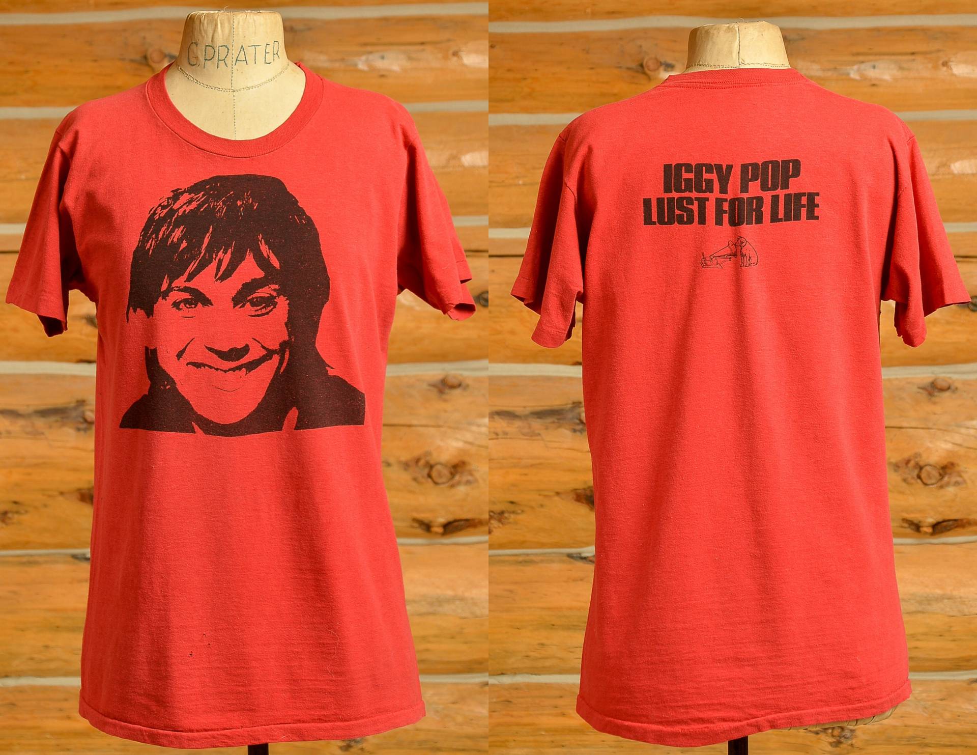 1970Er Jahre Iggy Pop Lust For Life Vorder - Und Rückseite Print Rotes Baumwoll-T-Shirt von RoslynTrading