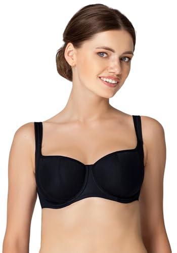 Rosme Damen Balconette-BH ungefüttert mit Push-Up-Effekt – Schnell trocknender, atmungsaktiver Bügel-BH mit weichen Cups, Demi-Schnitt, große Größen, Schwarz, Größe 75F von Rosme