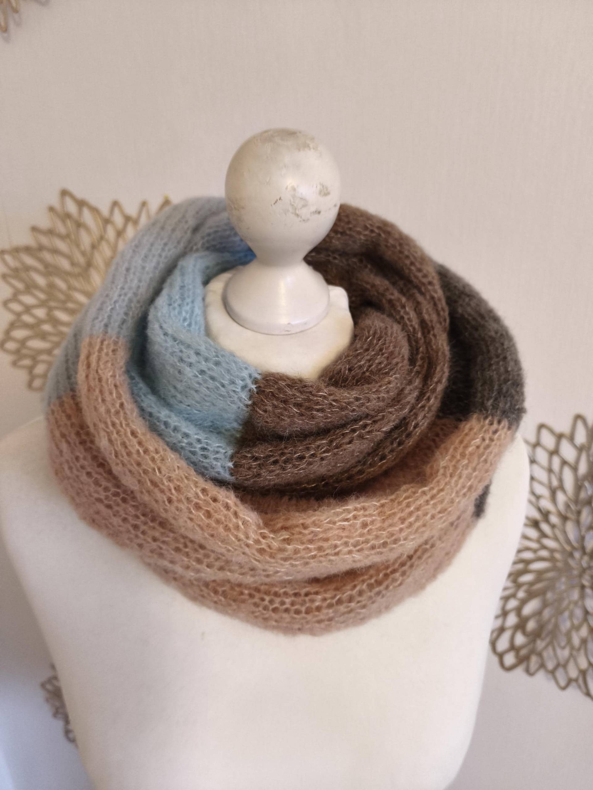 Alpaka Seide Loop, Color Blocking, Damen Loopschal Kapuzenschal, Gestrickter Endlos Rundschal Für Mädchen Bunt Rosa Blau Braun von RosnicDesign