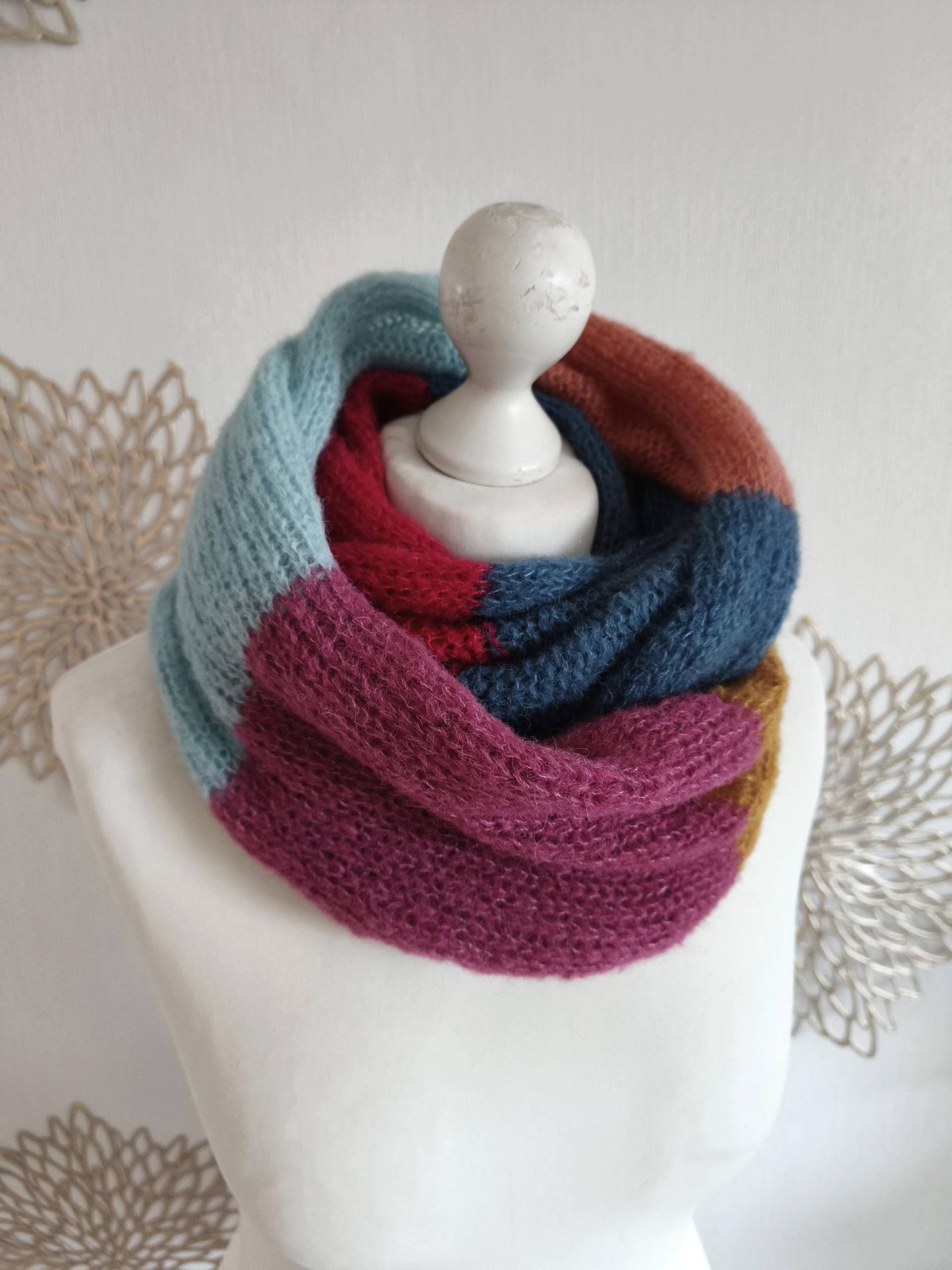 Alpaka Seide Loop, Color Blocking, Gestrickter Damen Loopschal Kapuzenschal, Endlos Loop Rundschal Für Mädchen Bunt, Strickloop, Rot Blau von RosnicDesign