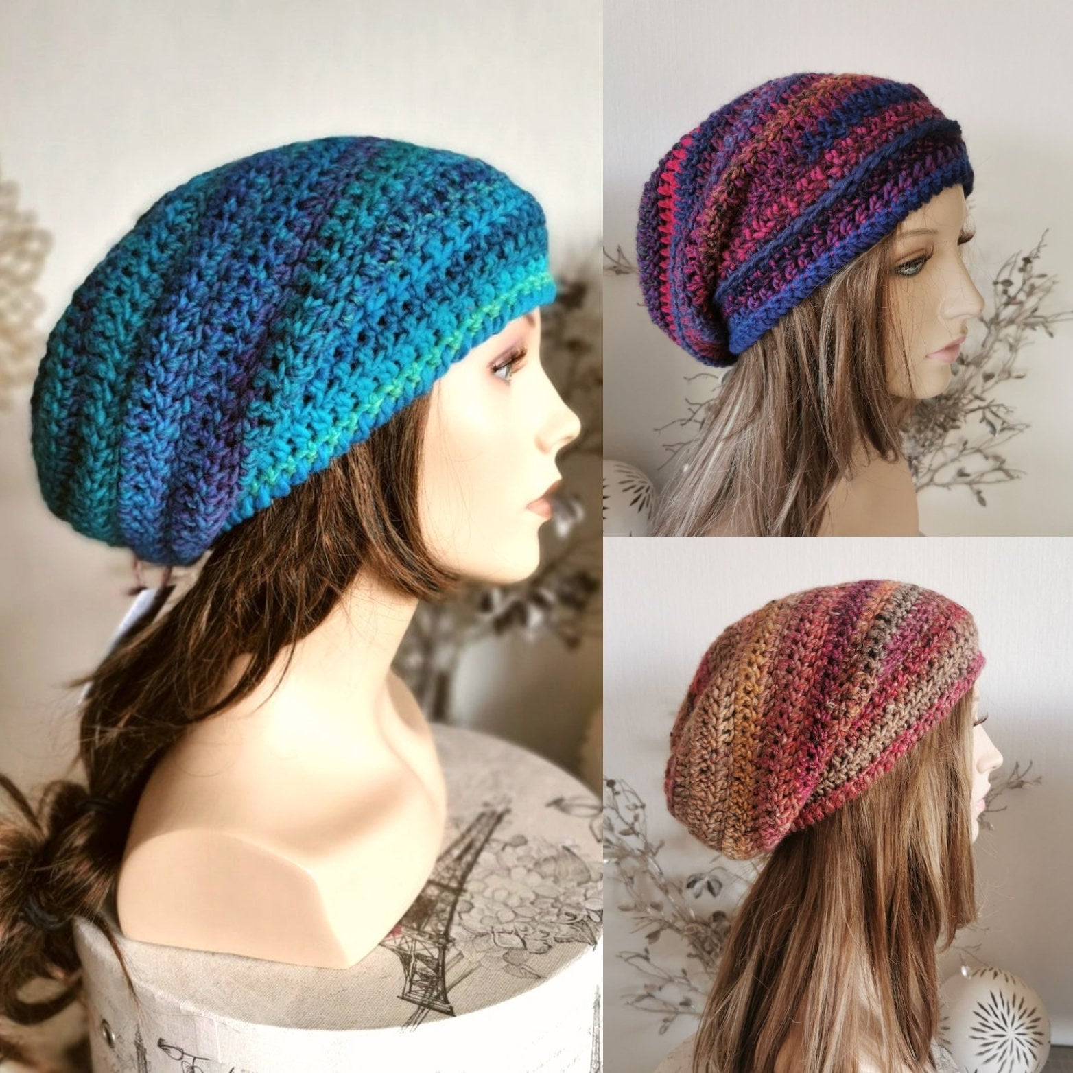 Slouchy Beanie Damen, Bunte Mütze Gehäkelt, Chunky Beanie, Beaniemütze Frauen, Strickmütze, Gestrickte Wolle Wintermütze von RosnicDesign
