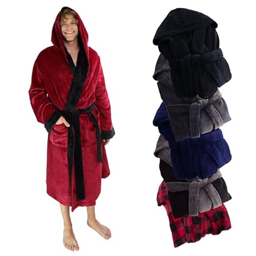 Ross Michaels Herren-Bademantel mit Kapuze, Wickel-Stil, mittellang, Plüsch-Fleece-Bademantel, Burgunderrot und Schwarz, Small-Medium von Ross Michaels