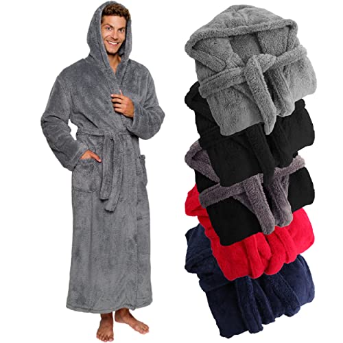 Ross Michaels Herren-Bademantel mit Kapuze, groß, lang, Plüsch-Fleece, mit Kapuze und Taschen, Geschenk für Herren und Jugendliche, Grau, Large von Ross Michaels