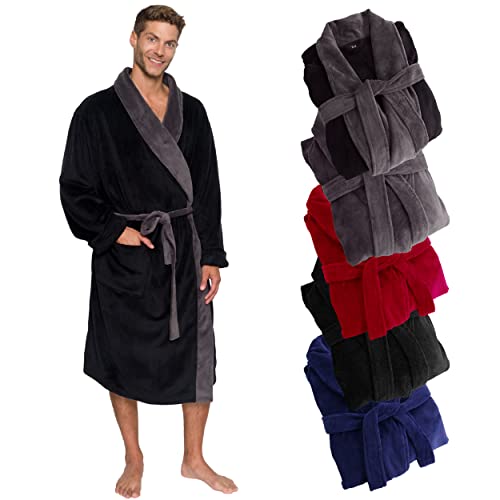 Ross Michaels Herren-Bademantel mit Schalkragen, mittellanger Plüsch-Fleece-Bademantel, schwarz / grau, Small-Medium von Ross Michaels