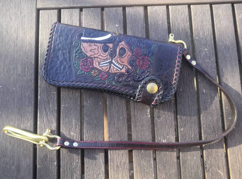 Leder Biker Geldbörse Sugar Skull Leder Biker Geldbörse Sugar Skull von RossLeatherandWood