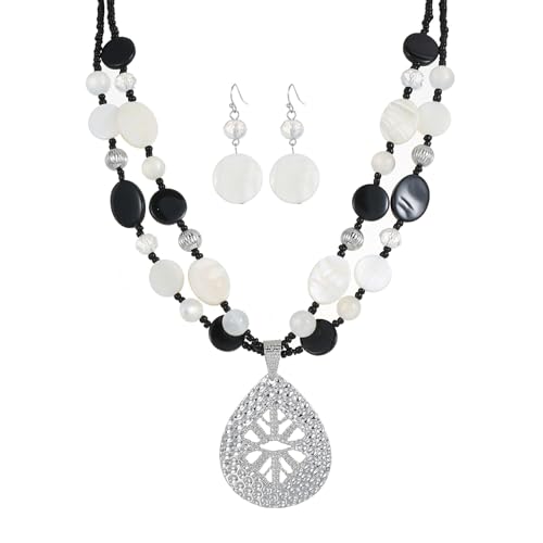 Rosslyons Große gehämmerte Tropfen-Anhänger-Halsketten für Damen, zweireihig, mit Perlen, Statement-Halsketten und Ohrringen, Large, Muschel, Kein edelstein Rosslyons Große gehämmerte Tropfen-Anhänger-Halsketten für Damen, zweireihig, mit Perlen, Statement-Halsketten und Ohrringen, Large, Muschel, Kein edelstein von Rosslyons