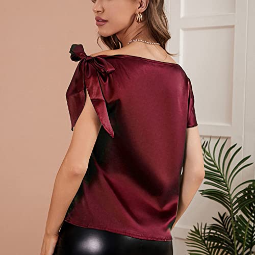 Rosvola Einfach zu Kombinierende Damen-Seidenbluse, Schulterfrei, Mode, Reine Farbe, Kurze Ärmel, Elegante Damenbluse, Weicher Knoten, Jeden Tag (S) von Rosvola