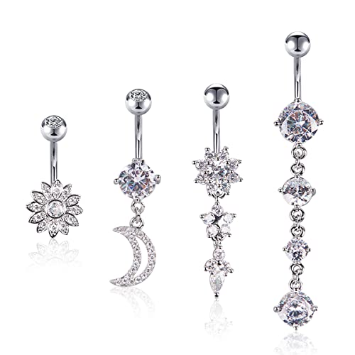 RosyFate 4 Stück Bauchnabelpiercing Bauchnabel, Bauchnabelpiercing Bauchnabel Bauch Edelstahl Zirkon Piercing Nabelring Schmuck für Damen, Nabelring, 4 Stile (Silber) von RosyFate