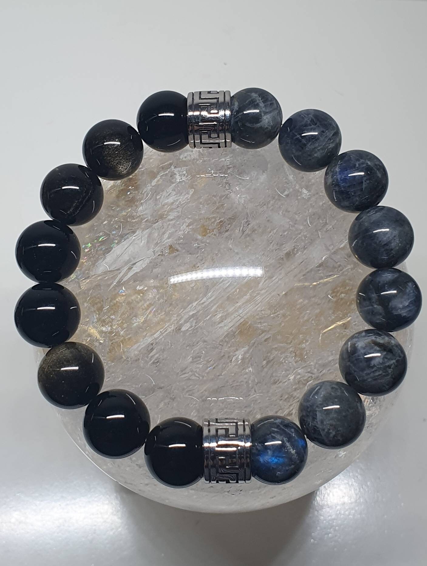 Handgefertigtes Herren/ Unisex Armband Mit Aa Grau Labradorit | 12mm Und Goldenem Schimmer Obsidian von RosyGraceSG