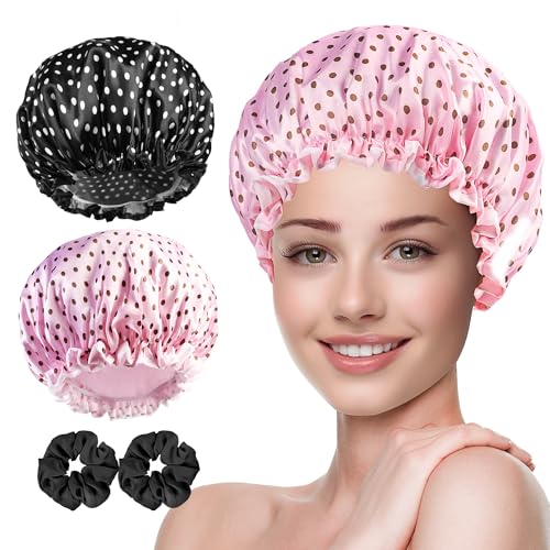 RosyReeds Wiederverwendbare Duschhaube für Frauen – 2-teiliges doppellagiges und elastisches Duschhauben-Set mit seidigen Haargummis, wasserdichte Duschhaube für langes Haar – stilvolle Punkte (Rosa, von RosyReeds