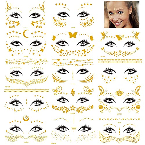 Rosymormor 14 Bögen Gesicht Temporäre Tattoos, Gesichtsaufkleber Gold Metallic Glitzer Gefälschte Tattoos, Sommersprossen Aufkleber für Frauen Mädchen Festival Halloween Make-up Tänzer Kostümpartys von Rosymormor