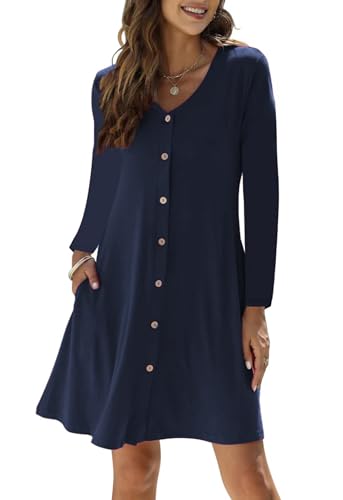 RosyWing Kleid Damen Langarm V-Ausschnitt Einfarbig Knielang Freizeitkleid Knopfleiste A-Linien Midikleid mit Taschen (Marine,S) von RosyWing
